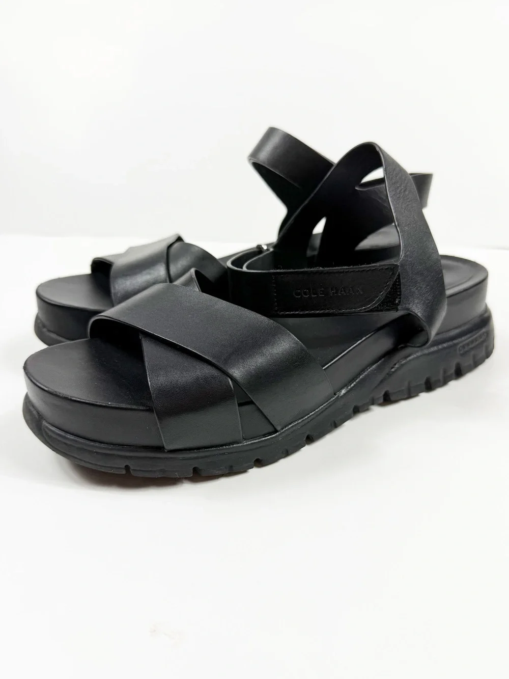 Cole Haan Black Zerogrand Leather Cross-Strap Platform Sandals with Lug Sole 7.5